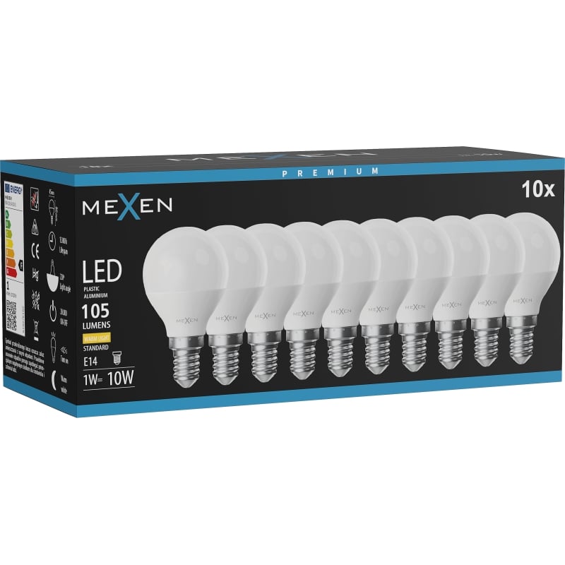 Mexen Nova 10x LED-lampa E14, G45, 1W, Varm - 3000K, 105 lm - L101-E14-0130-01x10
