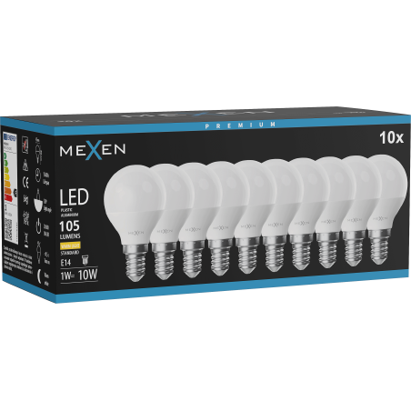 Mexen Nova 10x Bombilla LED E14, G45, 1W, Cálida - 3000K, 105 lm - L101-E14-0130-01x10
