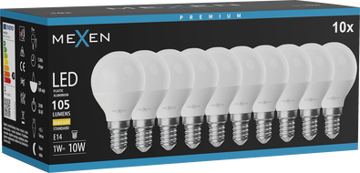 Mexen Nova 10x LED-gloeilamp E14, G45, 1W, Warm - 3000K, 105 lm - L101-E14-0130-01x10