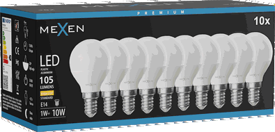 Mexen Nova 10x LED-Glühbirne E14, G45, 1W, Warm - 3000K, 105 lm - L101-E14-0130-01x10