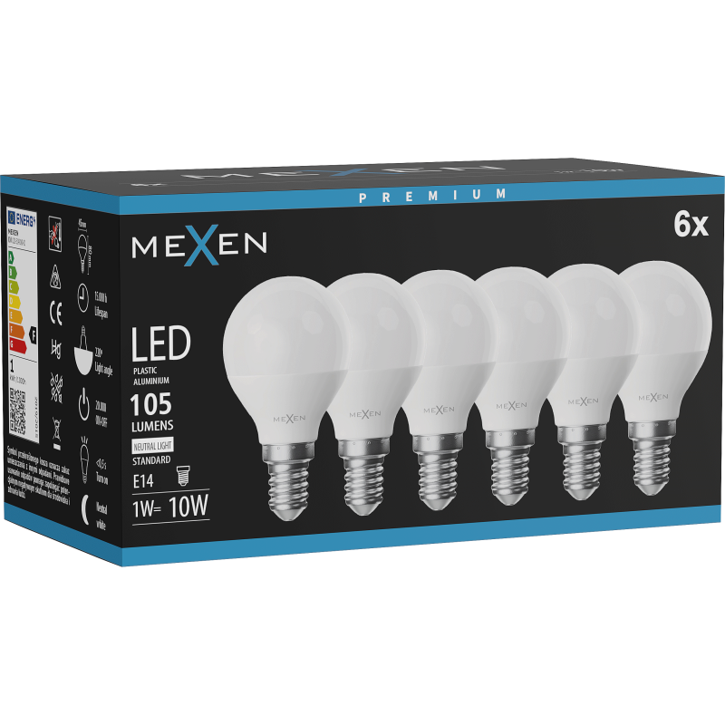Mexen Nova 6x LED-lamppu E14, G45, 1W, Neutraali - 4000K, 105 lm - L101-E14-0140-01x06