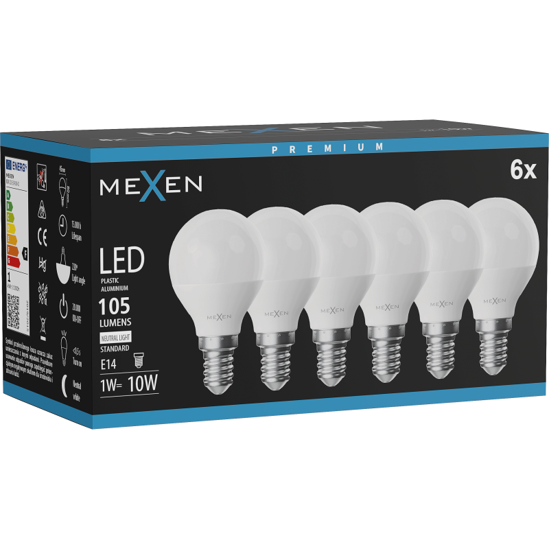 Mexen Nova 6x żarówka LED E14, G45, 1W, Neutralna - 4000K, 105 lm - L101-E14-0140-01x06