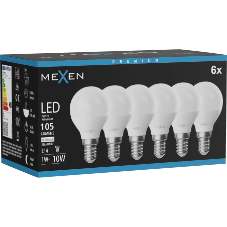 Mexen Nova 6x LED-Glühbirne E14, G45, 1W, Neutral - 4000K, 105 lm - L101-E14-0140-01x06