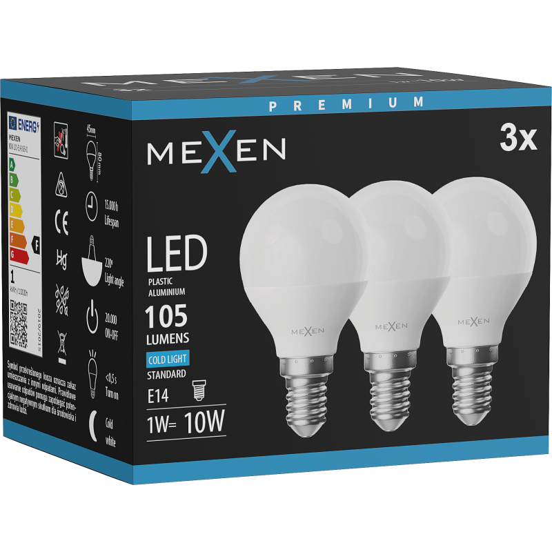 Mexen Nova 3x LED Bulb E14, G45, 1W, Cold - 6500K, 105 lm - L101-E14-0165-01x03