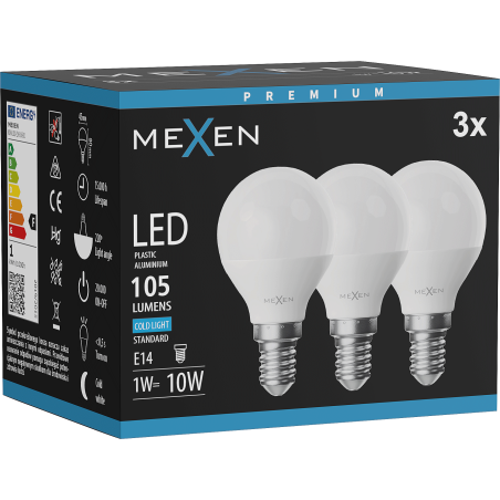 Mexen Nova 3x LED-pirn E14, G45, 1W, Külm - 6500K, 105 lm - L101-E14-0165-01x03