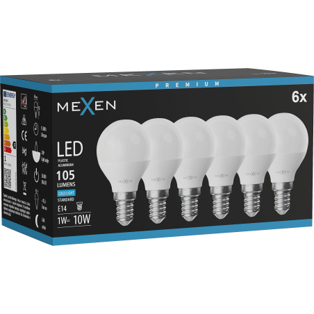 Mexen Nova 6x LED-Glühbirne E14, G45, 1W, Kalt - 6500K, 105 lm - L101-E14-0165-01x06