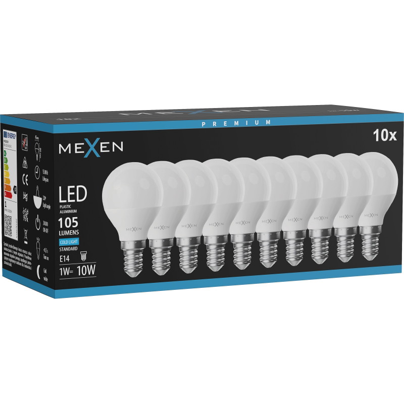 Mexen Nova 10x Bombilla LED E14, G45, 1W, Fría - 6500K, 105 lm - L101-E14-0165-01x10