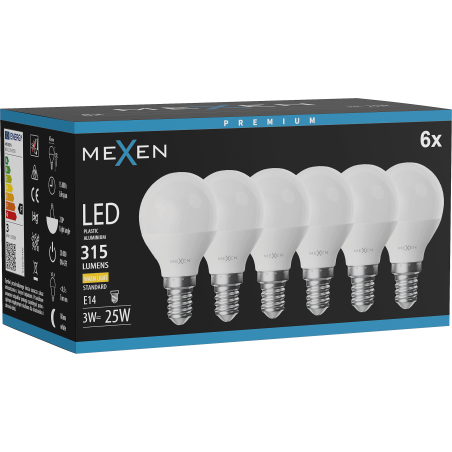 Mexen Nova 6x Bombilla LED E14, G45, 3W, Cálida - 3000K, 315 lm - L101-E14-0330-01x06