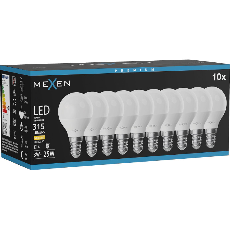 Mexen Nova 10x Bombilla LED E14, G45, 3W, Cálida - 3000K, 315 lm - L101-E14-0330-01x10