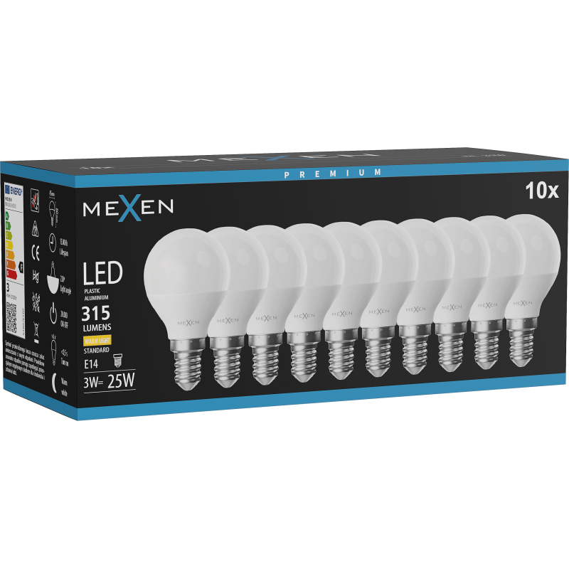 Mexen Nova 10x LED-lamp E14, G45, 3W, Warm - 3000K, 315 lm - L101-E14-0330-01x10