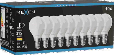 Mexen Nova 10x LED spuldze E14, G45, 3W, Silts - 3000K, 315 lm - L101-E14-0330-01x10