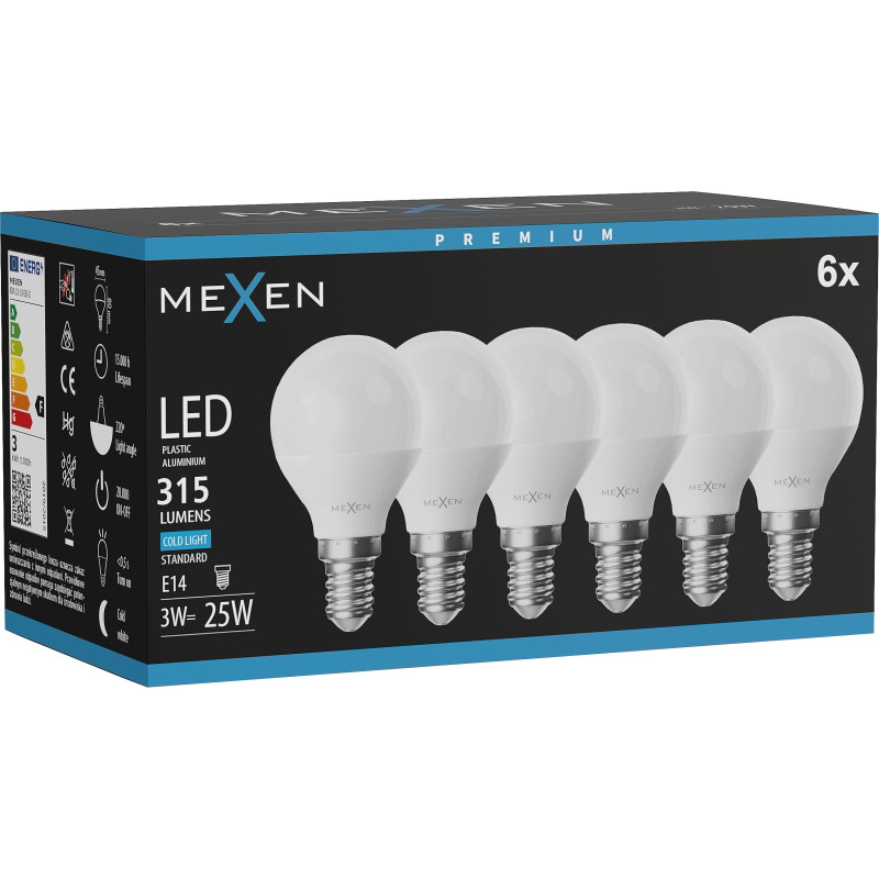 Mexen Nova 6x LED-lampa E14, G45, 3W, Kall - 6500K, 315 lm - L101-E14-0365-01x06