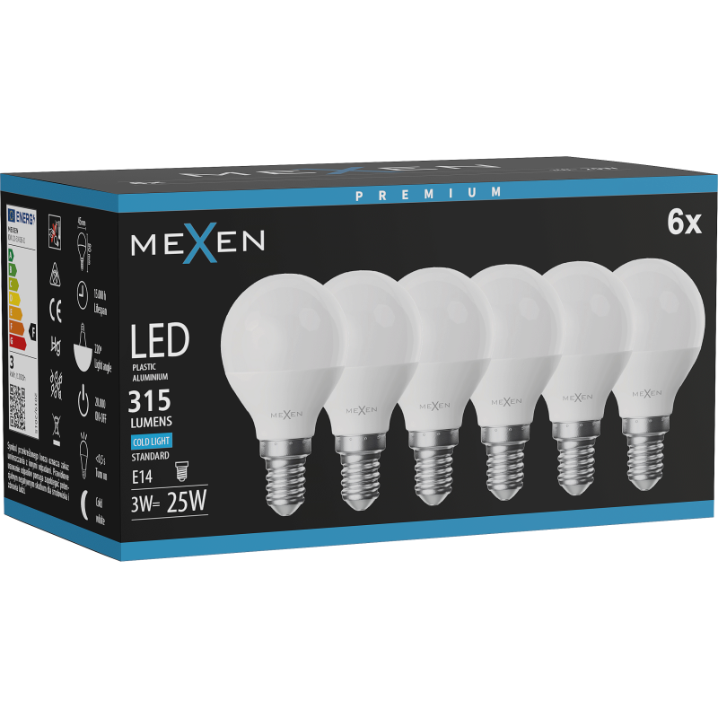 Mexen Nova 6x LED spuldze E14, G45, 3W, Aukstā - 6500K, 315 lm - L101-E14-0365-01x06
