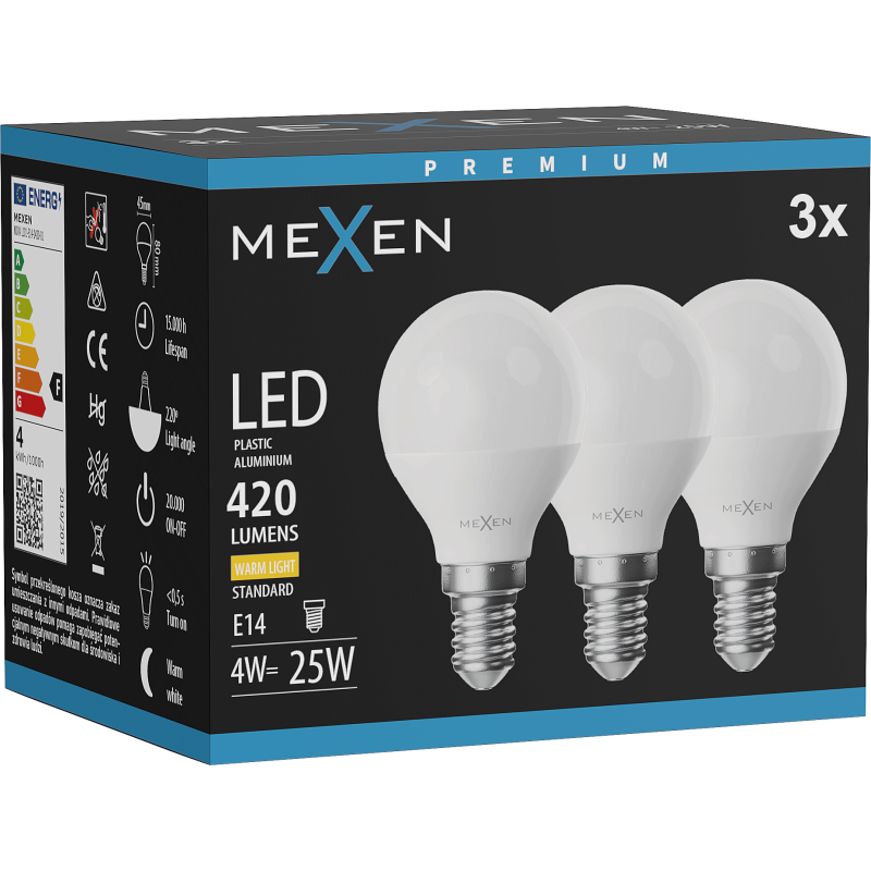Mexen Nova 3x żarówka LED E14, G45, 4W, Ciepła - 3000K, 420 lm - L101-E14-0430-01x03