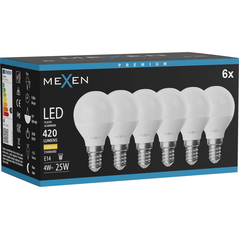 Mexen Nova 6x Bombilla LED E14, G45, 4W, Cálida - 3000K, 420 lm - L101-E14-0430-01x06