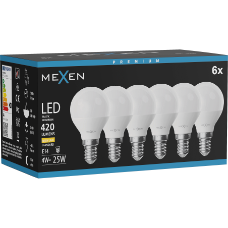 Mexen Nova 6x LED-Glühbirne E14, G45, 4W, Warm - 3000K, 420 lm - L101-E14-0430-01x06