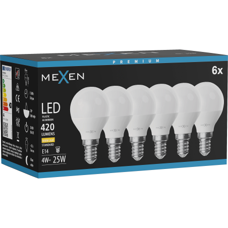 Mexen Nova 6x LED-lampa E14, G45, 4W, Varm - 3000K, 420 lm - L101-E14-0430-01x06