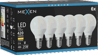 Mexen Nova 6x LED spuldze E14, G45, 4W, Silti - 3000K, 420 lm - L101-E14-0430-01x06