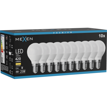 Mexen Nova 10x Bombilla LED E14, G45, 4W, Cálida - 3000K, 420 lm - L101-E14-0430-01x10