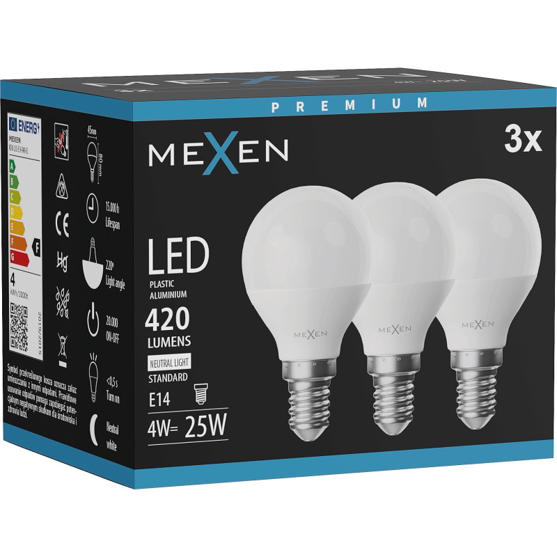 Mexen Nova 3x LED-lampa E14, G45, 4W, Neutral - 4000K, 420 lm - L101-E14-0440-01x03