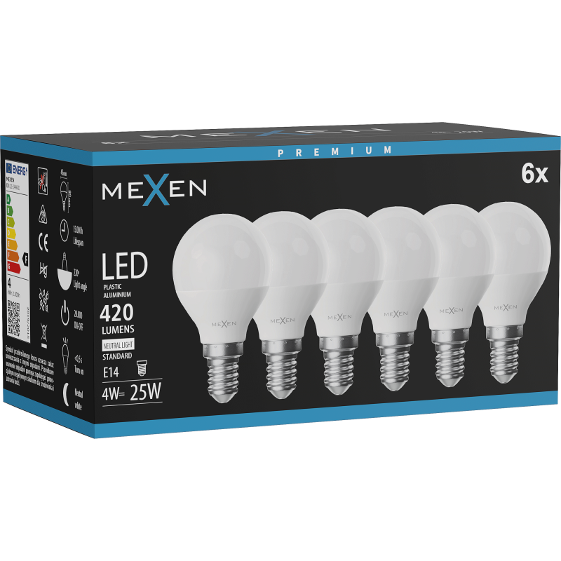Mexen Nova 6x LED-lamp E14, G45, 4W, Neutraal - 4000K, 420 lm - L101-E14-0440-01x06