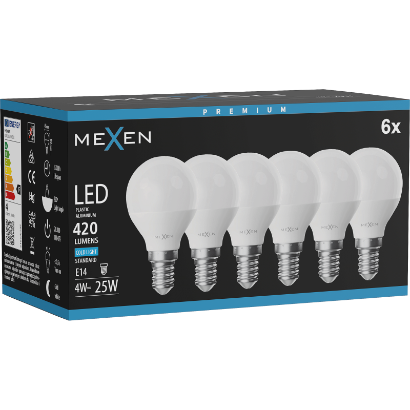 Mexen Nova 6x LED-lamp E14, G45, 4W, Koud - 6500K, 420 lm - L101-E14-0465-01x06