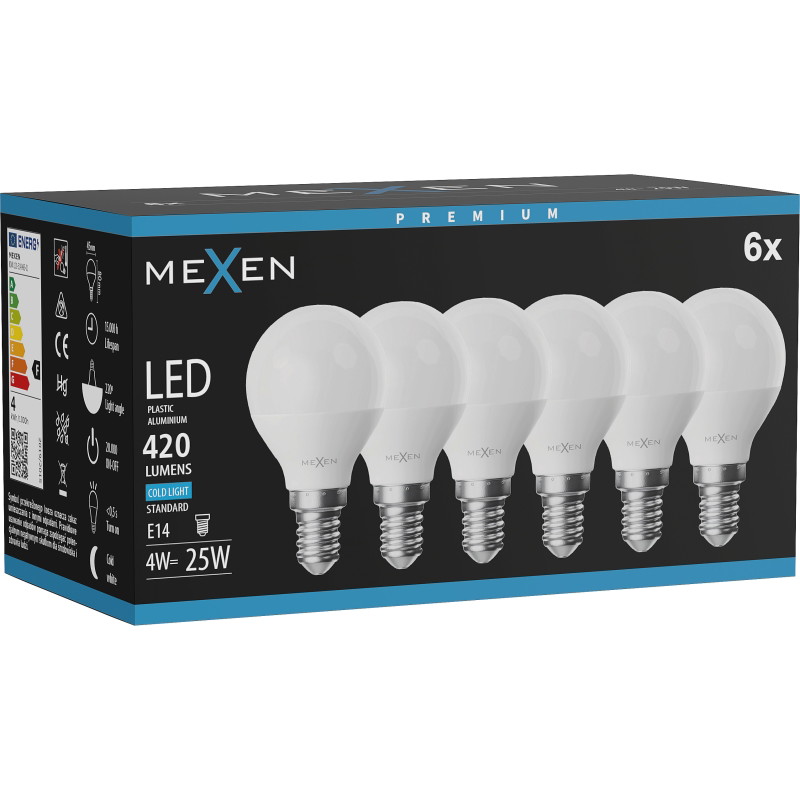 Mexen Nova 6x LED-lampa E14, G45, 4W, Kall - 6500K, 420 lm - L101-E14-0465-01x06