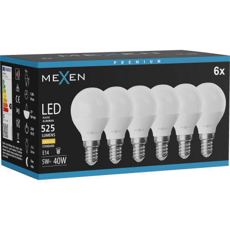 Mexen Nova 6x LED-Glühbirne E14, G45, 5W, Warm - 3000K, 525 lm - L101-E14-0530-01x06