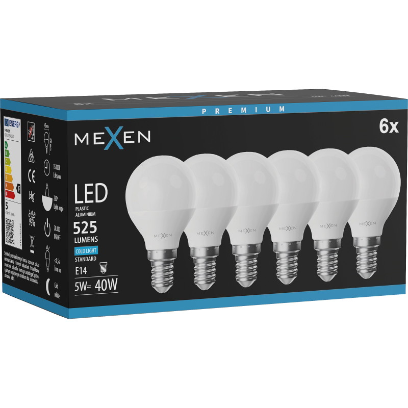 Mexen Nova 6x LED-lampa E14, G45, 5W, Kall - 6500K, 525 lm - L101-E14-0565-01x06