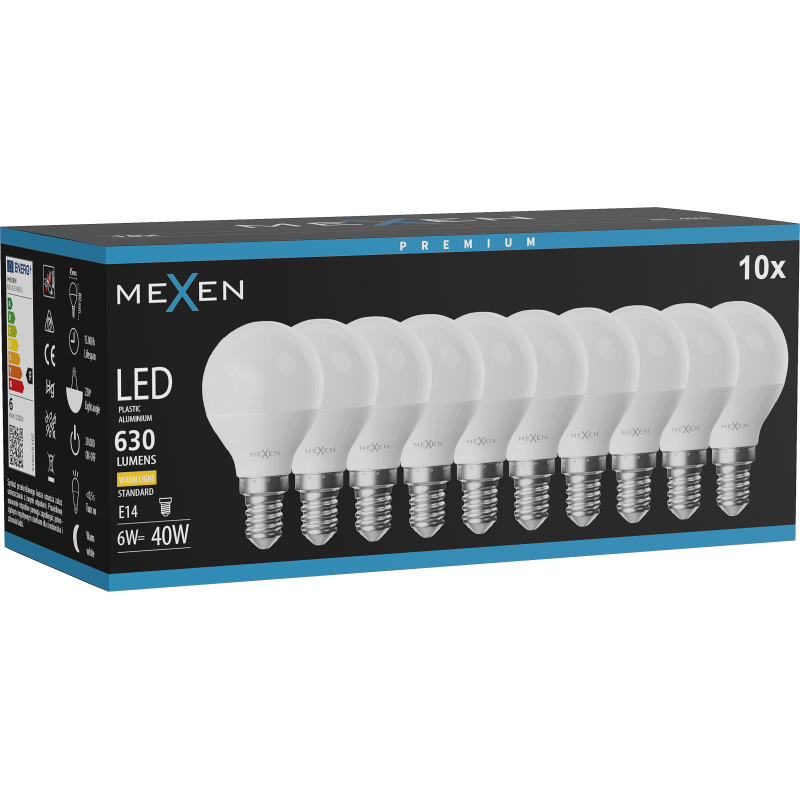 Mexen Nova 10x LED-lamp E14, G45, 6W, Warm - 3000K, 630 lm - L101-E14-0630-01x10