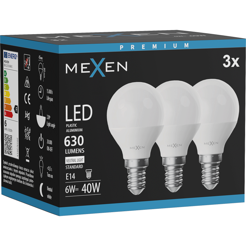 Mexen Nova 3x żarówka LED E14, G45, 6W, Neutralna - 4000K, 630 lm - L101-E14-0640-01x03