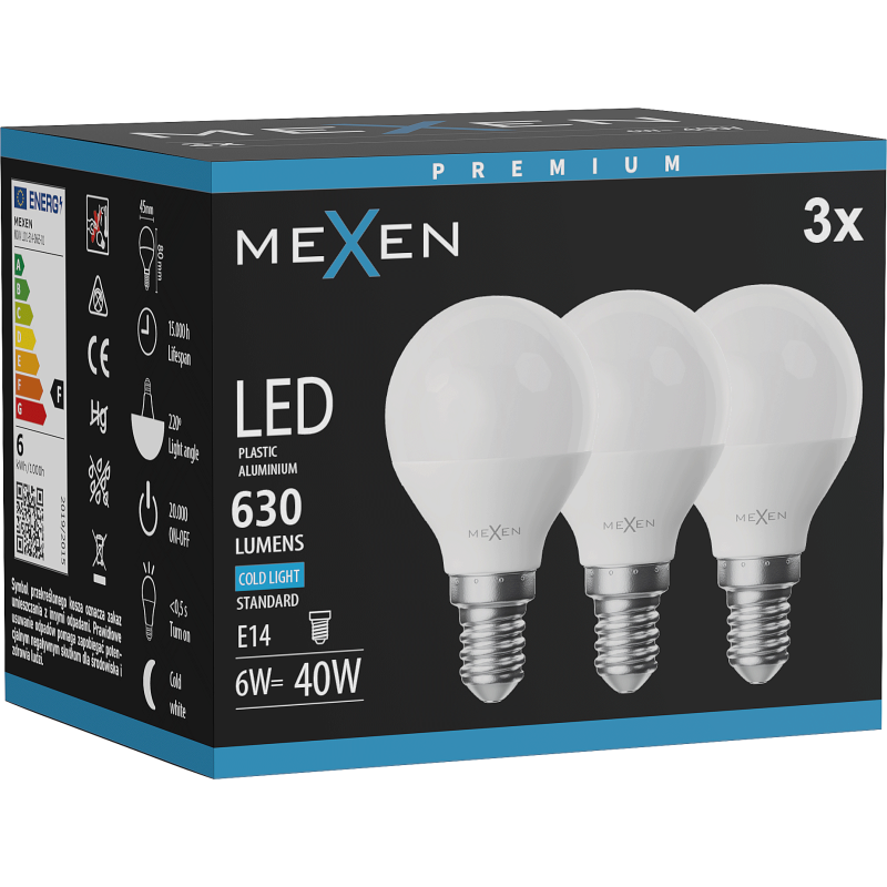 Mexen Nova 3x LED-lamp E14, G45, 6W, Koud - 6500K, 630 lm - L101-E14-0665-01x03