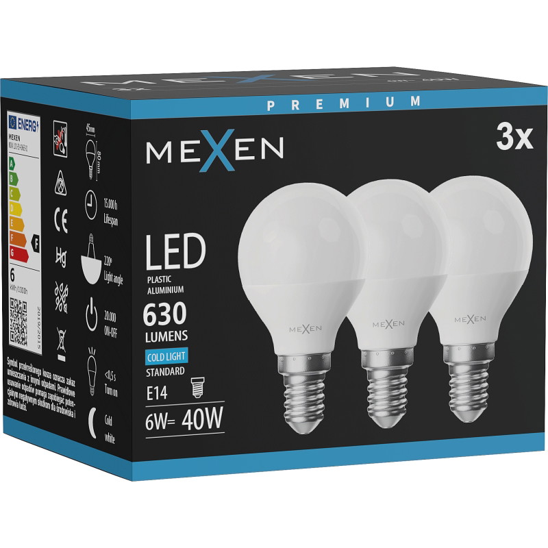 Mexen Nova 3x LED-lampa E14, G45, 6W, Kall - 6500K, 630 lm - L101-E14-0665-01x03