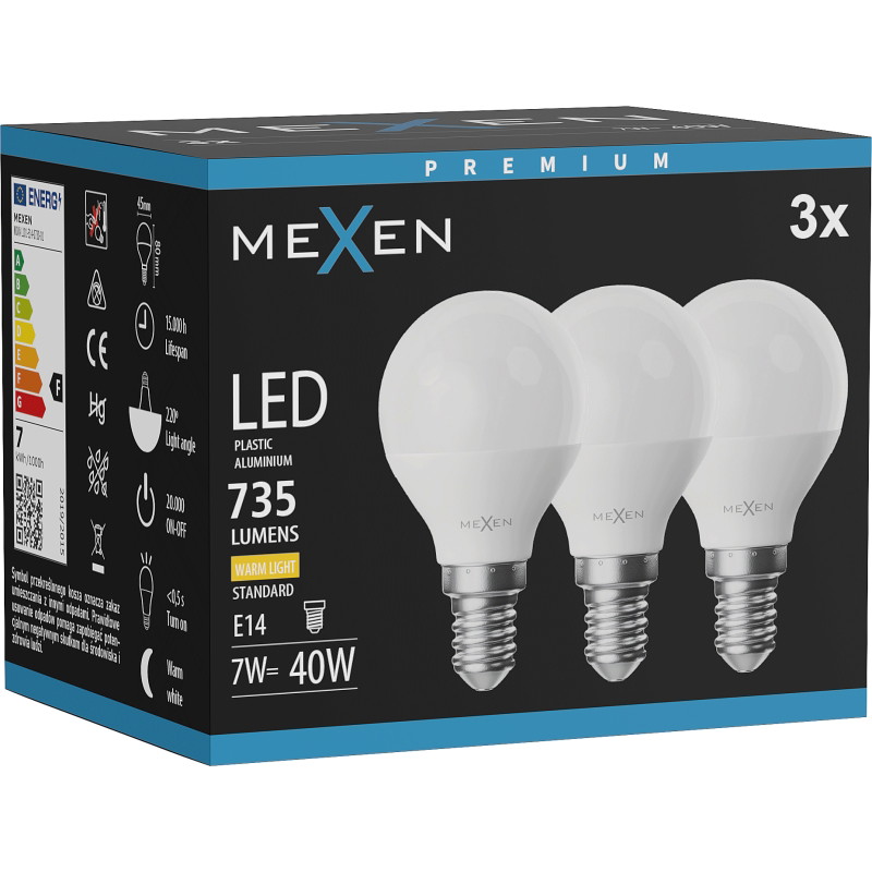 Mexen Nova 3x LED-lampa E14, G45, 7W, Varm - 3000K, 735 lm - L101-E14-0730-01x03