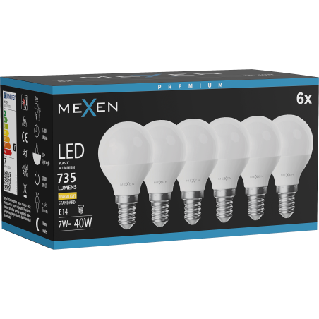 Mexen Nova 6x LED-lampa E14, G45, 7W, Varm - 3000K, 735 lm - L101-E14-0730-01x06
