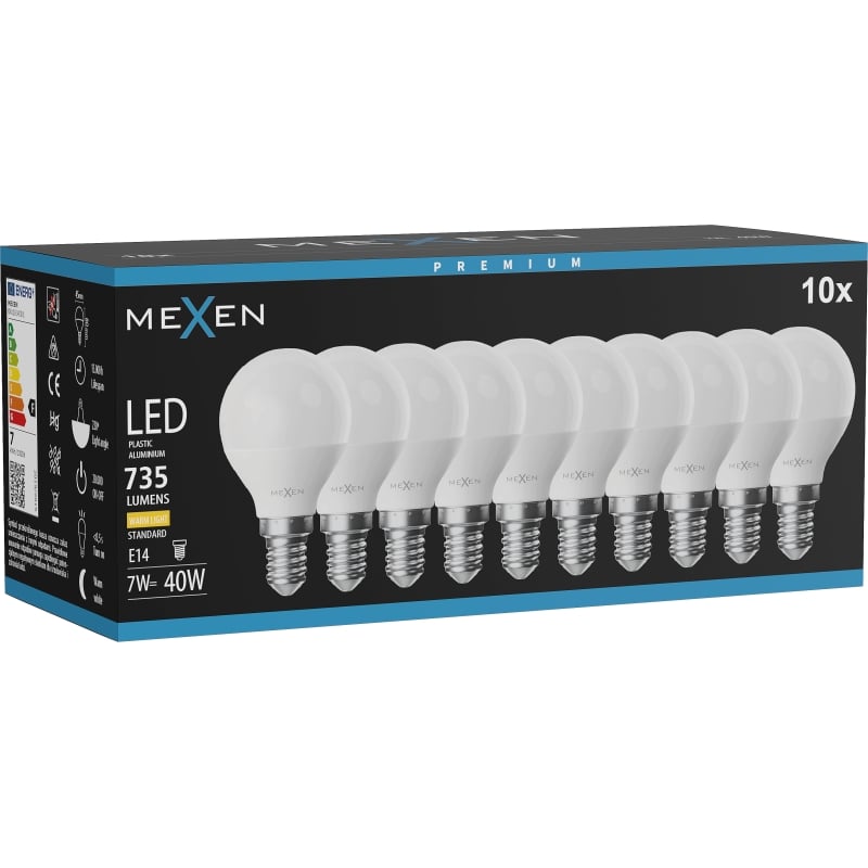 Mexen Nova 10x LED-lamp E14, G45, 7W, Soe - 3000K, 735 lm - L101-E14-0730-01x10