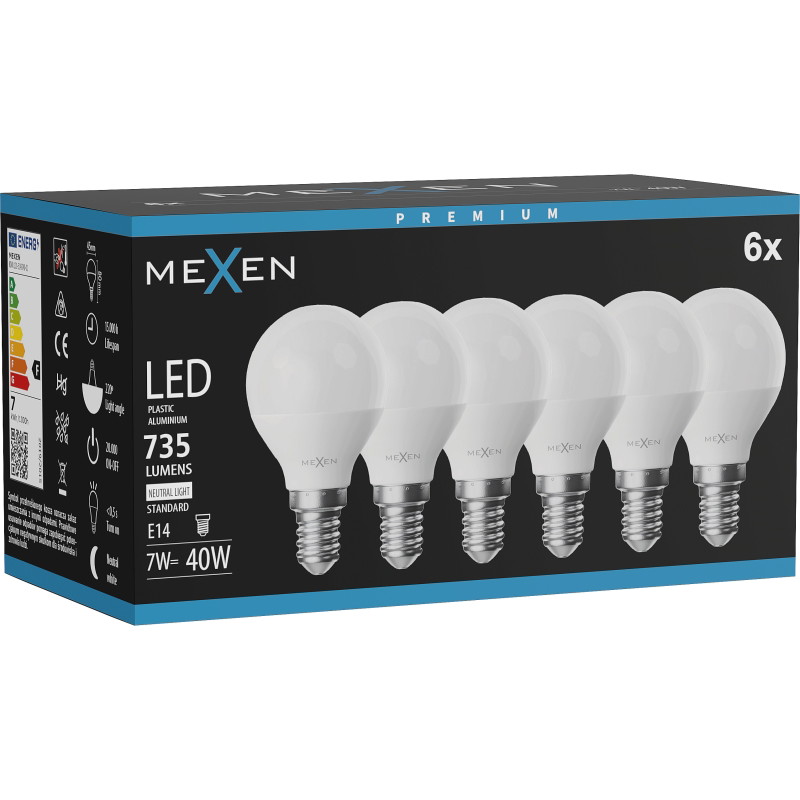 Mexen Nova 6x LED-lampa E14, G45, 7W, Neutral - 4000K, 735 lm - L101-E14-0740-01x06