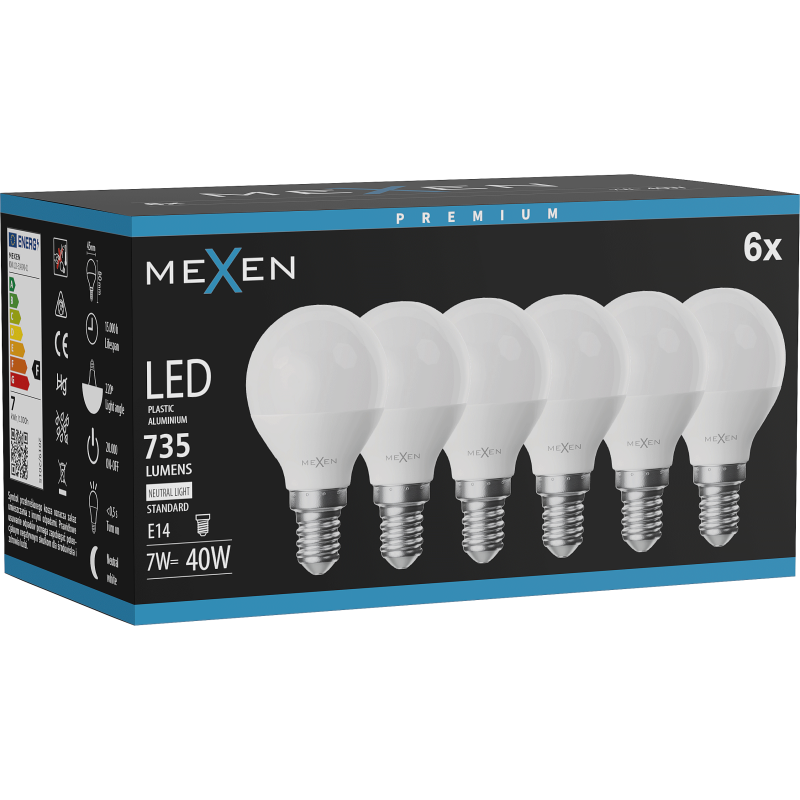 Mexen Nova 6x LED-lamppu E14, G45, 7W, Neutraali - 4000K, 735 lm - L101-E14-0740-01x06