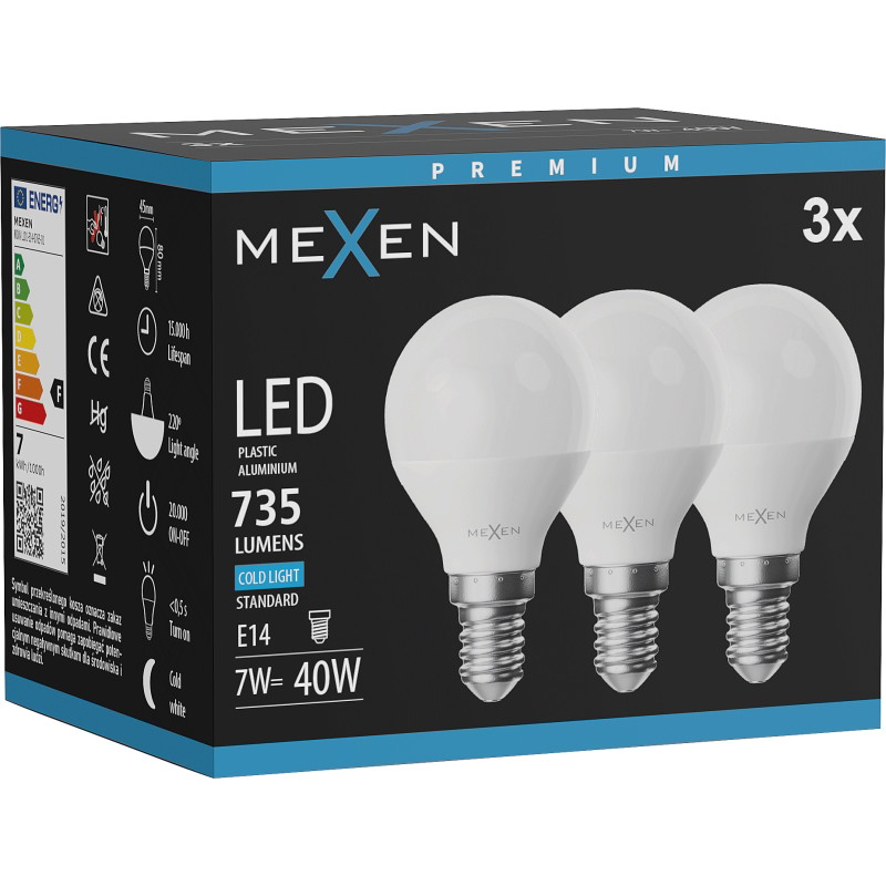 Mexen Nova 3x LED-lampa E14, G45, 7W, Kall - 6500K, 735 lm - L101-E14-0765-01x03