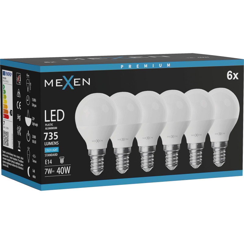Mexen Nova 6x Bombilla LED E14, G45, 7W, Fría - 6500K, 735 lm - L101-E14-0765-01x06