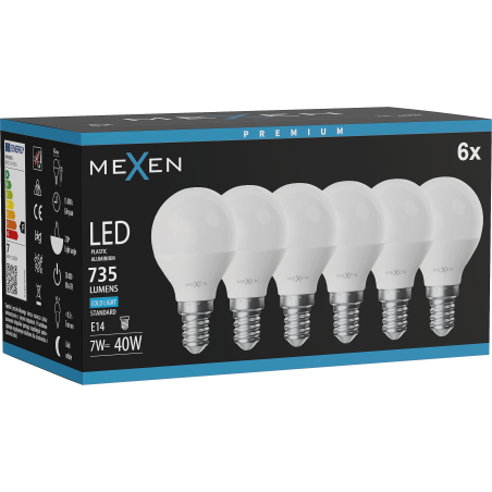 Mexen Nova 6x LED-lampa E14, G45, 7W, Kall - 6500K, 735 lm - L101-E14-0765-01x06