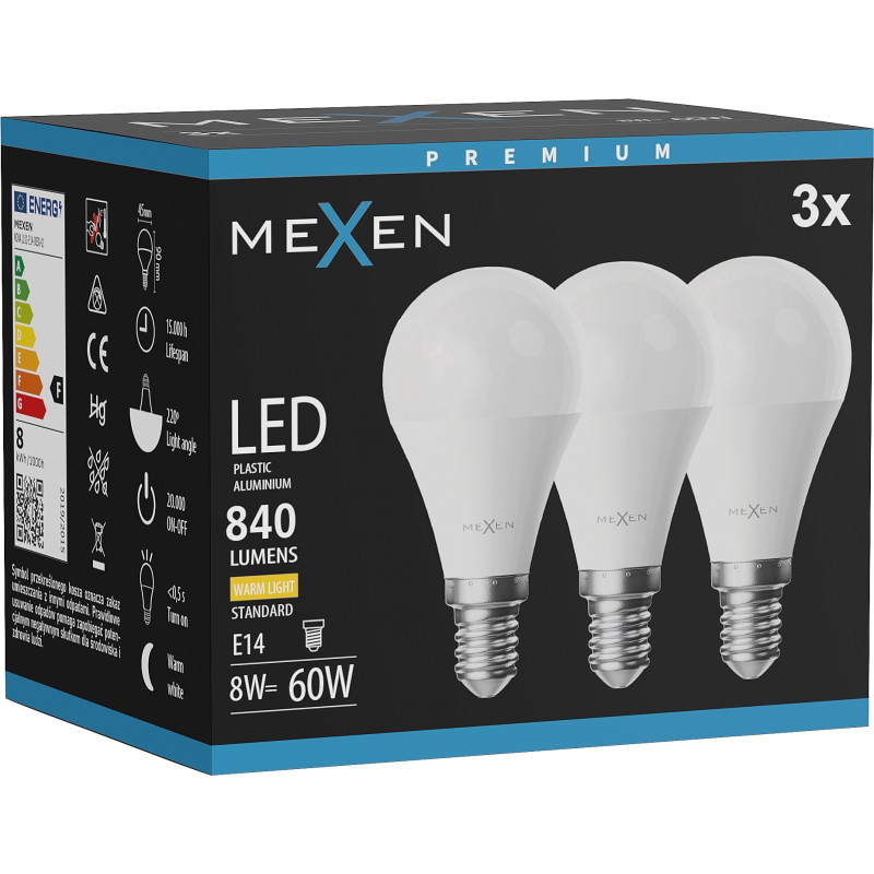 Mexen Nova 3x Bombilla LED E14, G45, 8W, Cálida - 3000K, 840 lm - L101-E14-0830-01x03