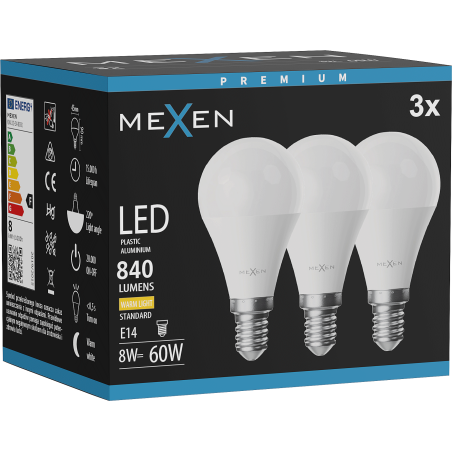 Mexen Nova 3x LED-Glühlampe E14, G45, 8W, Warmweiß - 3000K, 840 lm - L101-E14-0830-01x03