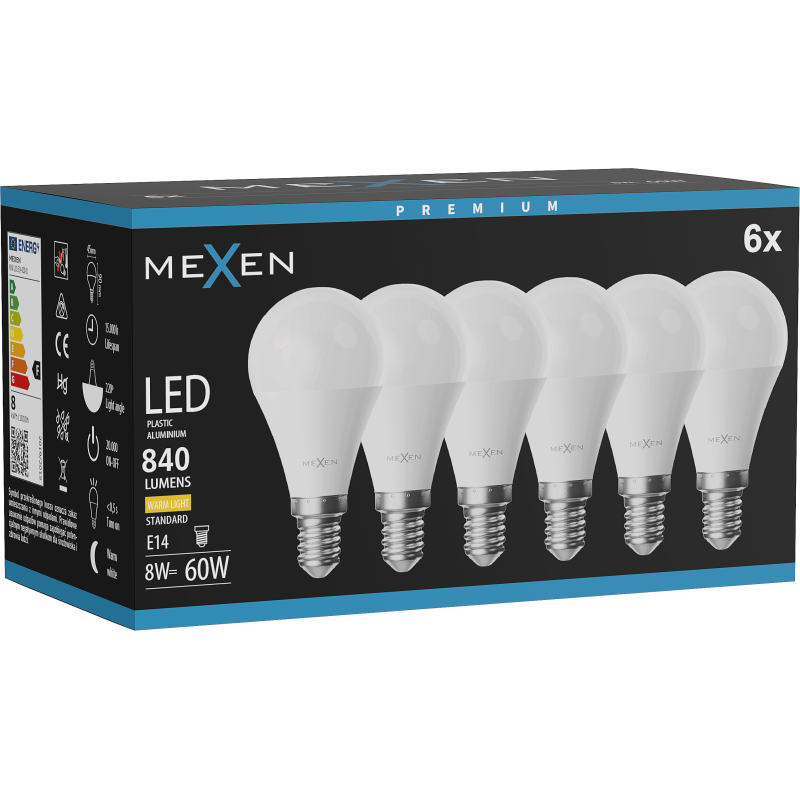 Mexen Nova 6x LED-lamp E14, G45, 8W, Warm - 3000K, 840 lm - L101-E14-0830-01x06