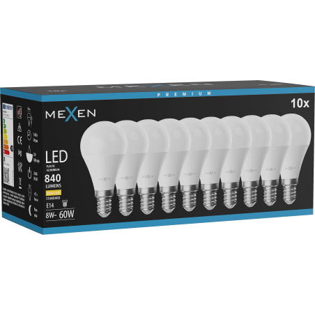 Mexen Nova 10x LED-lampa E14, G45, 8W, Varm - 3000K, 840 lm - L101-E14-0830-01x10