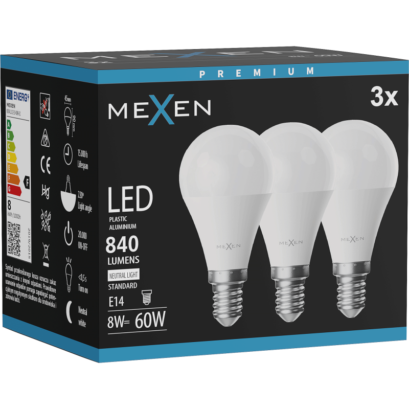 Mexen Nova 3x żarówka LED E14, G45, 8W, Neutralna - 4000K, 840 lm - L101-E14-0840-01x03