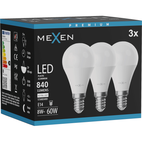 Mexen Nova 3x LED-pirn E14, G45, 8W, Neutraalne - 4000K, 840 lm - L101-E14-0840-01x03