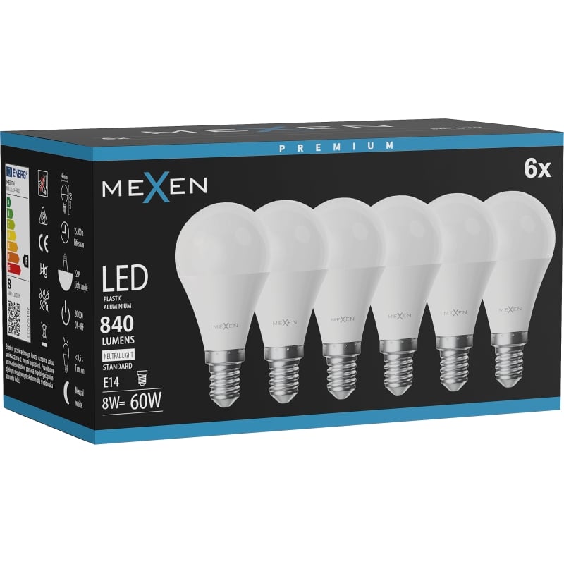 Mexen Nova 6x LED-lampa E14, G45, 8W, Neutral - 4000K, 840 lm - L101-E14-0840-01x06