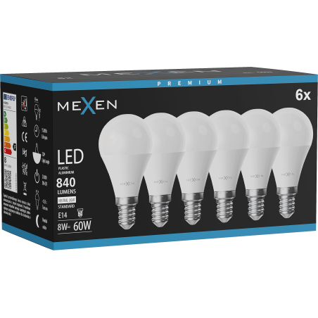 Mexen Nova 6x LED-lampa E14, G45, 8W, Neutral - 4000K, 840 lm - L101-E14-0840-01x06