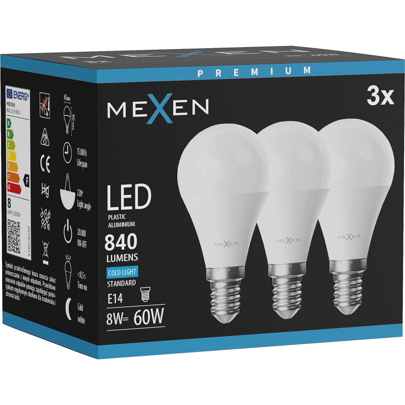 Mexen Nova 3x Bombilla LED E14, G45, 8W, Fría - 6500K, 840 lm - L101-E14-0865-01x03